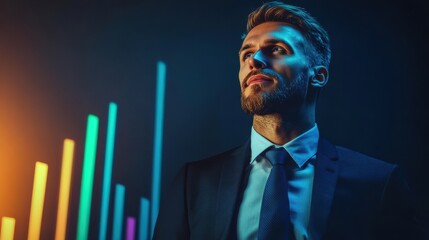 Businessman standing next to a bar graph showing upward financial growth, with a look of confidence and satisfaction