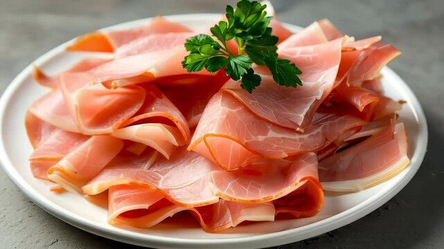 Plate of thinly sliced prosciutto with parsley garnish, culinary bliss concept