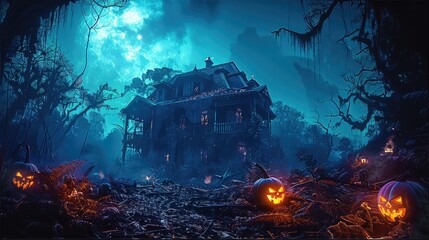 Obraz premium A halloween haunted house in night scene and deep jungle with mountain, Halloween atmosphere in the glowing background. Generative AI.