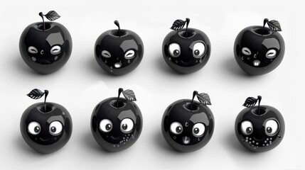 Eight black apples with different expressions, isolated on white background.