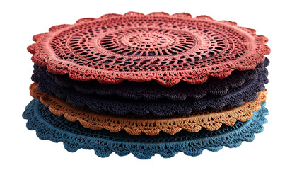  a stack of four round doilies. The doilies are made of crocheted yarn in different colours - red, orange, blue, and black. 
