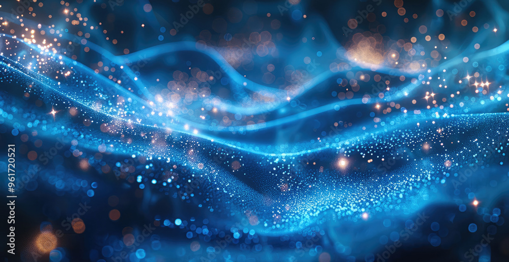 Fototapete Abstract blue glowing particles composition with glitter tilted on dark background, glowing particles flowing in space and shining in dark area, digital technology. Generative AI.