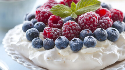 A small, sweet Pavlova dessert topped with frozen berries and whipped cream. You can use blueberries, raspberries, or a mix.