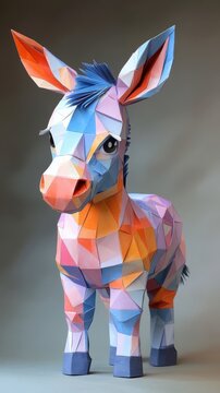 Paper art style, a donkey crafted from layered paper, showcasing its sturdy build and long ears with intricate folding and cutting techniques.