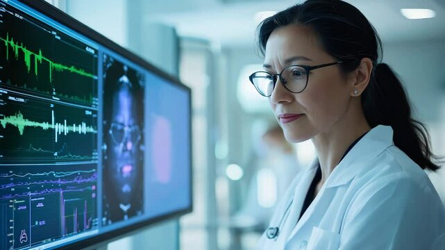 Female scientist analyzing complex data on large screen, medical research or biotech laboratory setting. Professional in white coat studying genetic information or health statistics. Technology-driven