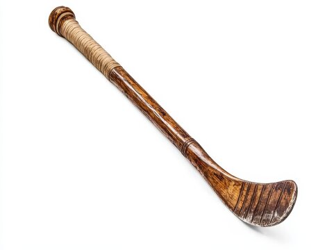 A vintage wooden hurling stick, crafted from natural wood, showcasing intricate craftsmanship and traditional design.
