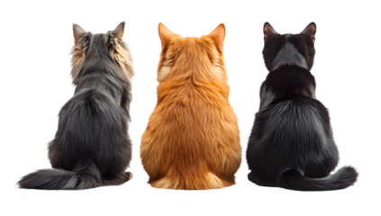 Three Cats Sitting Side by Side Facing Away on Transparent Background