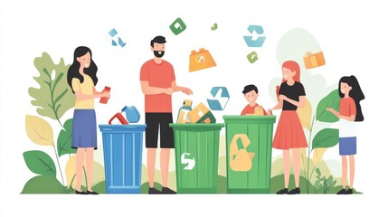 Flat Design Illustration of a Family Engaged in Recycling in an Environmentally Friendly Park