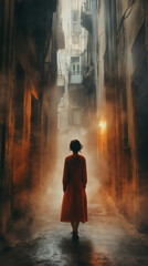 Obraz premium Woman in a red dress walking down a narrow foggy alleyway between tall buildings, illuminated by a soft light, evoking a sense of mystery and solitude.