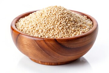 Quinoa grains in a wooden bowl, placed against a clean white background, providing a classic canvas for your