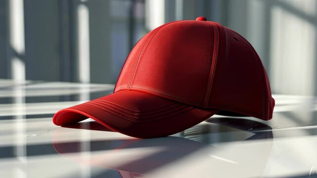 Red baseball cap on reflective surface, sunlight and shadows. Fashion and accessory concept
