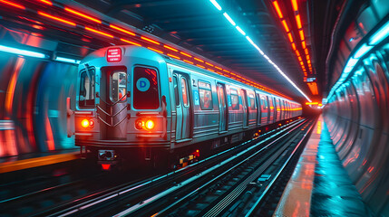 Train in Tunnel with Neon Lights - 3d Illustration