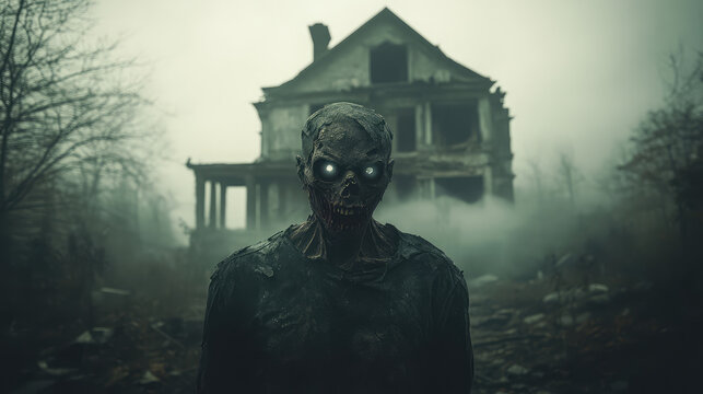 A zombie with decaying skin, standing in front of a crumbling, abandoned mansion.