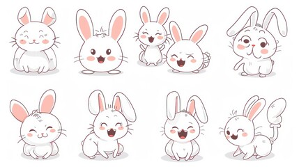 Eight cute cartoon bunnies in various poses.