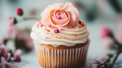 Delicate Pink Rose Cupcake with Sprinkles