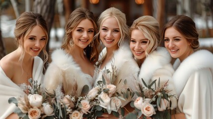 The bride and bridesmaids wearing white faux fur shawls, the fur is short and thin, the shawls are rectangle shape. Generative AI.
