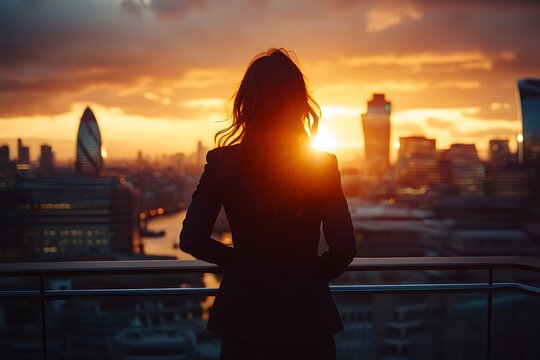 Woman in Silhouette Looking Out Over London Skyline at Sunset