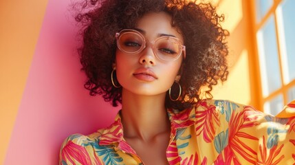 Fototapeta premium Portrait of a Young Woman in Vibrant Summer Attire