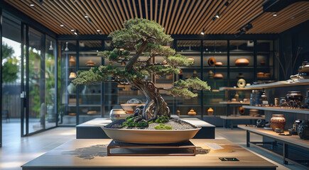 Fototapeta premium Large bonsai tree displayed in a contemporary indoor exhibit. Interior of a museum room with Asian pottery on display. Generative AI.