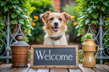 Welcome sign with happy dog surrounded by greenery and flowering plants