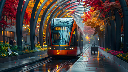 Obraz premium Red Tram in an Autumnal Urban Tunnel - Illustration