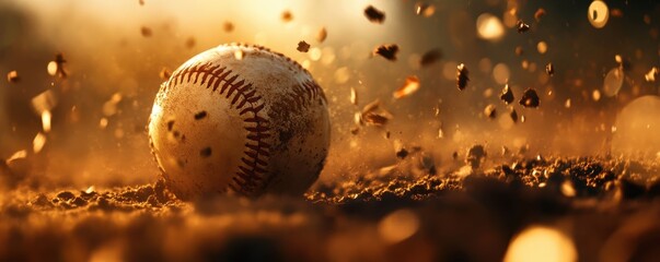 A close-up of a baseball rolling through dust, illuminated by warm sunlight, capturing the essence of the sport and summer days.