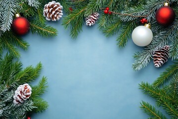 Christmas greeting card with fir tree and decor. Top view flat lay with copy space for your xmas greetings