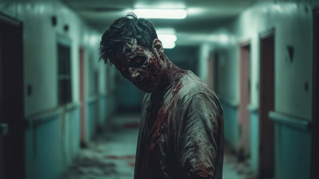 A zombie in a bloody shirt stands in a hallway