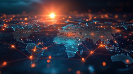 a digital map of the world with interconnected nodes representing global network connections data flow and cyber security technology generative ai