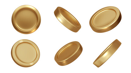 Gold coins 3d realistic vector in different angles isolated. Gold metal money PNG.