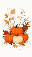 Naklejka premium A small pile of pumpkins is surrounded by colorful autumn leaves and berries, showcasing a festive fall design