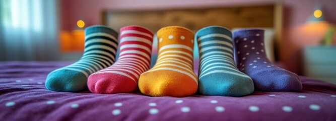 Colorful striped and polka dot socks brighten a purple bedspread, cheering up the room