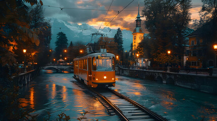 Obraz premium Evening Tram Crossing River with Mountains Illustration