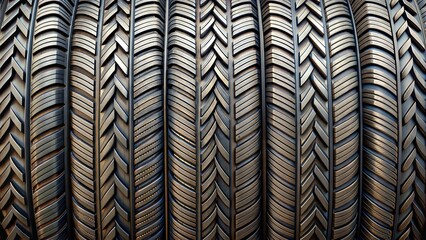 A close-up view of stacked tires showcasing intricate tread patterns in dark metallic tones