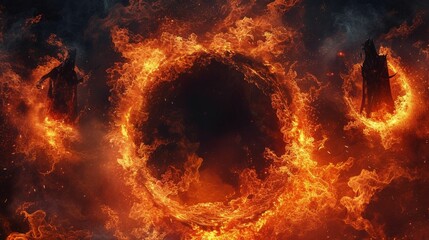 Obraz premium Mystical fiery portal with shadowy figures emerging in a dramatic and intense scene of fantasy adventure