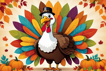 A cartoon turkey thanksgiving in a pilgrim hat on white background
