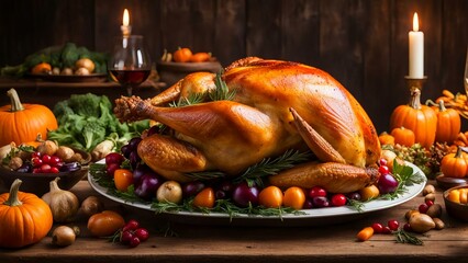 Fototapeta premium Christmas or Thanksgiving turkey on rustic wooden table Roasted Thanksgiving turkey surrounded by colorful fruits and vegetables