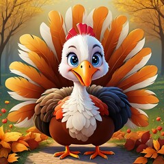 A cartoon turkey thanksgiving in a pilgrim hat on white background