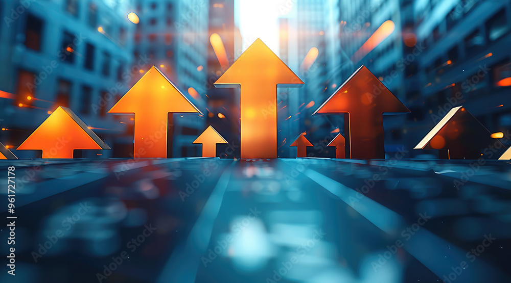 Poster A stylized graphic of an upward-pointing arrows symbolizing business development, growth, and dynamic success in a corporate or financial context. Generative AI.