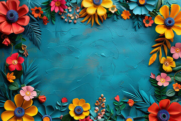 Mexico national holiday concept. Top view of flowers on blue background with space for text. Generated by artificial intelligence