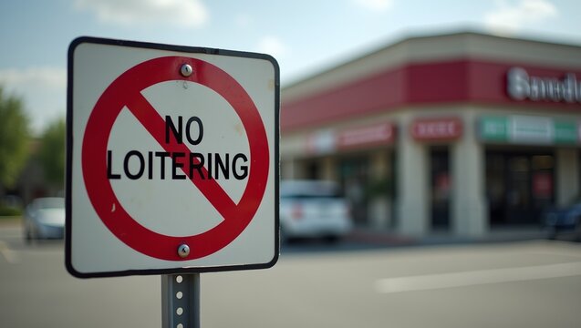 Urban Signage No Loitering with Commercial Building in the Background