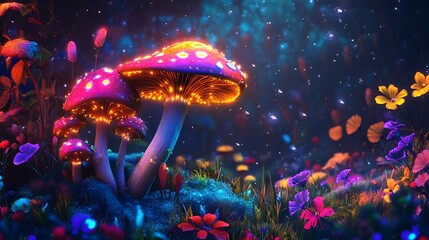 Magical Glowing Mushrooms in a Fantasy Forest