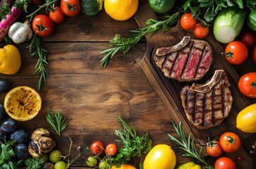 Vibrant food background with steaks and vegetables on a wooden table, a flat lay top view with copy space.