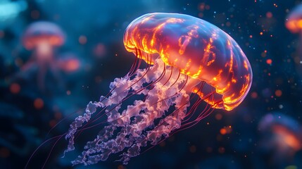 Bioluminescent Jellyfish with Glowing Tentacles in Deep Blue Water