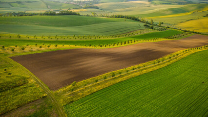 Rural drone aerial view landscape of farm fields and rolling hills in South Moravia, Czech Republic