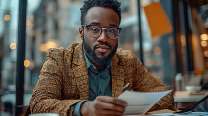 Obraz premium Young Professional Man Reviewing Document in Coffee Shop