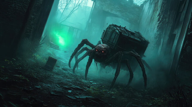 A creepy spider is crawling on the ground in a dark, eerie forest