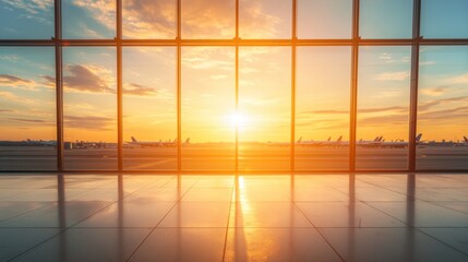Fototapeta premium Heavenly Glow: Airport Silhouettes and Reflections at Golden Hour in 8K Resolution, Generative Ai