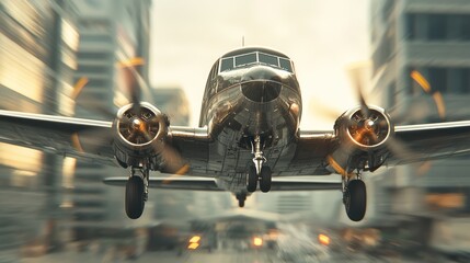 Nostalgic Flight: Retro Airplane Departing Modern Airport Under Bright Skies - 8k Resolution Photo,...