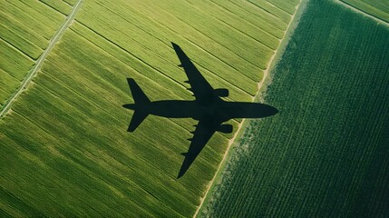 An aerial view of an airplane's shadow gliding over vibrant green farmland, symbolizing the harmony between travel and the environment. Evoking themes of sustainable travel, environmental awareness